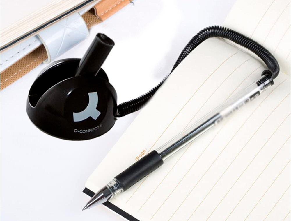 STYLO-BILLE Q-CONNECT SUR SOCLE SUPPORT ADHÉSIF CHAÎNE PLASTIQUE TRAIT 0.7MM ENCRE BLEUE