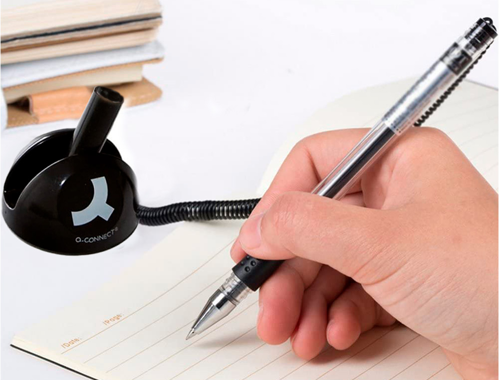 STYLO-BILLE Q-CONNECT SUR SOCLE SUPPORT ADHÉSIF CHAÎNE PLASTIQUE TRAIT 0.7MM ENCRE BLEUE