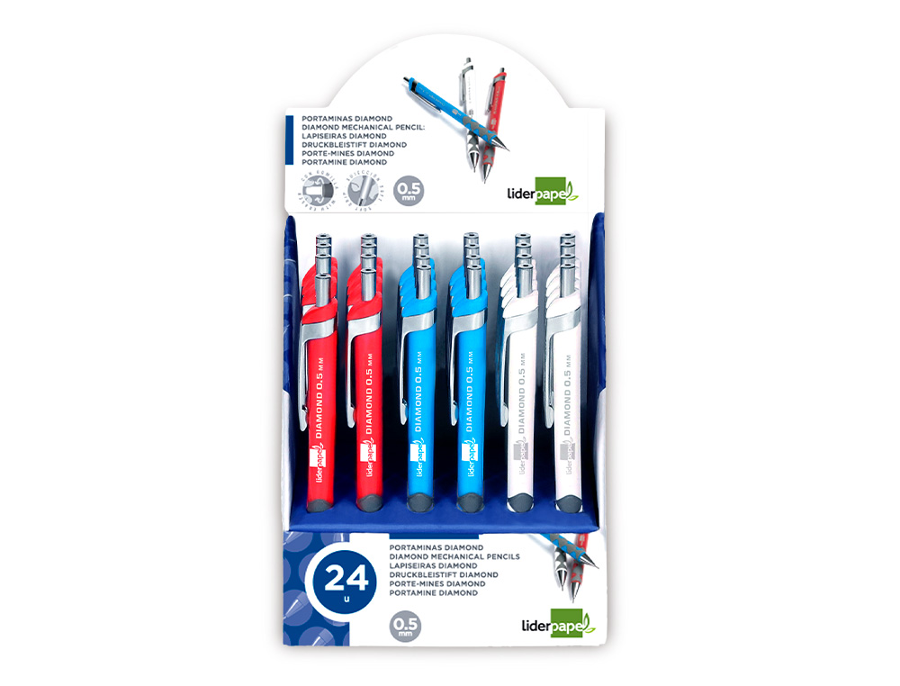 PORTE-MINE LIDERPAPEL PLASTIQUE 0.5MM GRIP SOFT CAOUTCHOUC POINTE ET CAPUCHON MÉTALLIQUES GOMME MINES COLORIS ASSORTIS