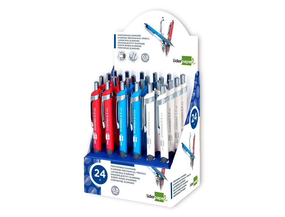 PORTE-MINE LIDERPAPEL PLASTIQUE 0.5MM GRIP SOFT CAOUTCHOUC POINTE ET CAPUCHON MÉTALLIQUES GOMME MINES COLORIS ASSORTIS