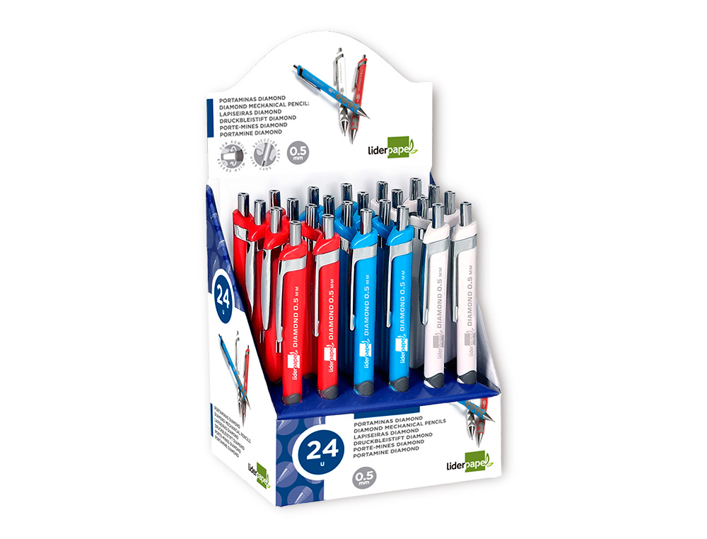 PORTE-MINE LIDERPAPEL PLASTIQUE 0.5MM GRIP SOFT CAOUTCHOUC POINTE ET CAPUCHON MÉTALLIQUES GOMME MINES COLORIS ASSORTIS