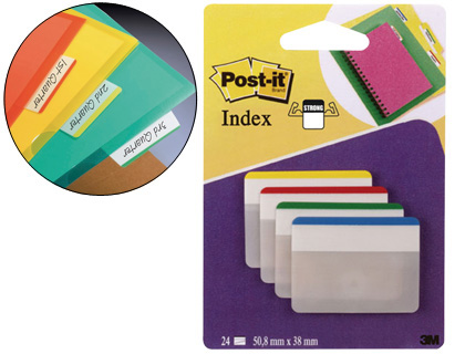 MARQUE-PAGES POST-IT INDEX RIGIDE LARGE 50X38MM 24F LOT 4 COLORIS