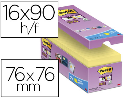 BLOC-NOTES POST-IT SUPER STICKY 76X76MM REPOSITIONNABLES ADHSIF RENFORC 90F/BLOC COLORIS JAUNE 16 BLOCS+2 OFFERTS
