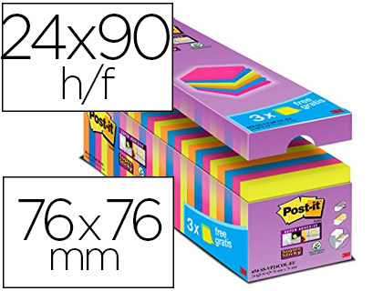 BLOC-NOTES POST-IT SUPER STICKY 76X76MM 90F REPOSITIONNABLES ADHSIF RENFORC COLORIS ASSORTIS NON BARQUETTE 24 BLOCS