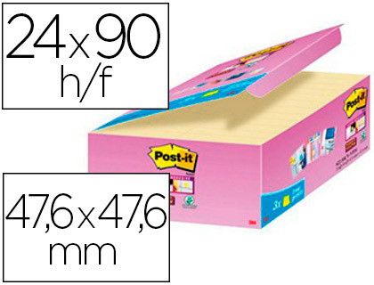 BLOC-NOTES POST-IT SUPER STICKY 47.6X47.6MM REPOSITIONNABLES ADHSIF RENFORC 90F/BLOC COLORIS JAUNE 24 BLOCS+3 OFFERTS