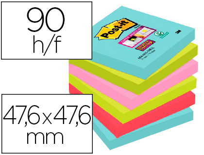 BLOC-NOTES POST-IT SUPER STICKY COULEUR CARNIVAL 47,6X47,6MM90 FEUILLES BLEU VERT ROSE 12 BLOCS 7100290180