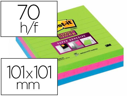 BLOC-NOTES POST-IT SUPER STICKY COULEUR CARNIVAL 101X101MM  90FEUILLES ADHESIF RENFORCE   BLEU VERT ROSE 3 BLOCS