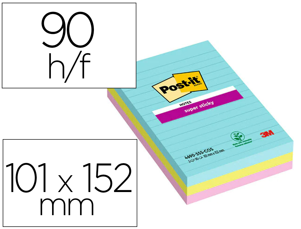 BLOC-NOTE REPOSITIONNABLE POST-IT SUPER STICKY 101X152MM COSMIC LIGNE 90F COLORIS ASSORTIS PACK 3 UNITES