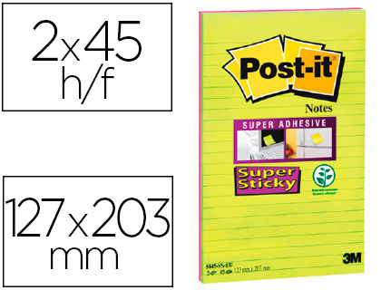 BLOC-NOTES POST-IT SUPER STICKY GRAND FORMAT 127X203MM 45F LIGNES REPOSITIONNABLES COLORIS VERT NON/FUCHSIA 2 BLOCS