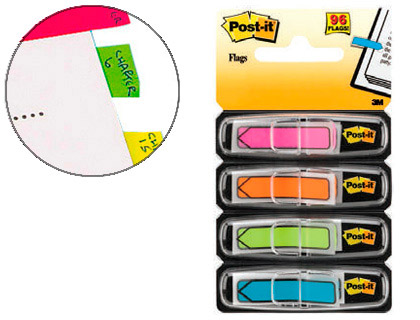 MARQUE-PAGES POST-IT INDEX FLCHES 12X44MM 96F COLORIS VIFS BLEU JAUNE ROUGE VERT LOT 4X24 UNITS