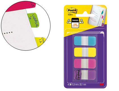 MARQUE-PAGES POST-IT INDEX RIGIDE 15.8X38.1MM COLORIS STANDARDS BLEU JAUNE ROSE VIOLET LOT 4X10 UNITS