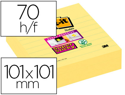 BLOC-NOTES POST-IT SUPER STICKY GRAND FORMAT 101X101MM 70F LIGNES ADHSIF RENFORC COLORIS JAUNE 3 BLOCS