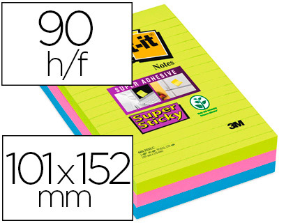 BLOC-NOTES POST-IT SUPER STICKY GRAND FORMAT 101X152MM 90F LIGNES ADHSIF RENFORC VERT NON/FUSCHIA/BLEU 3 BLOCS